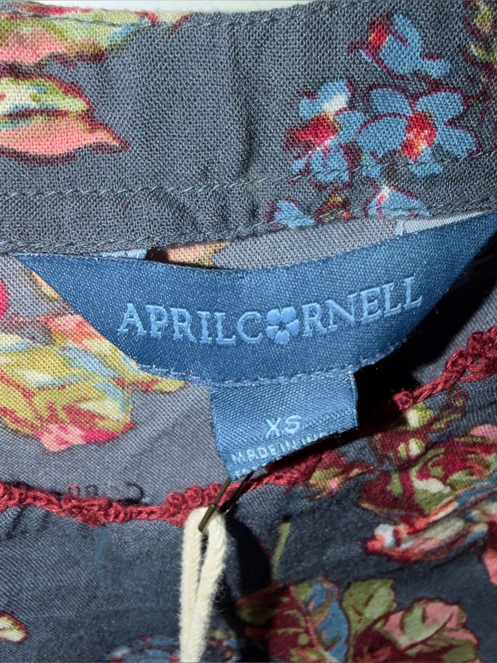 New! April Cornell Victorian Rose Slate Blue Midi Dress Pink Roses Side Ties - Picture 9 of 12